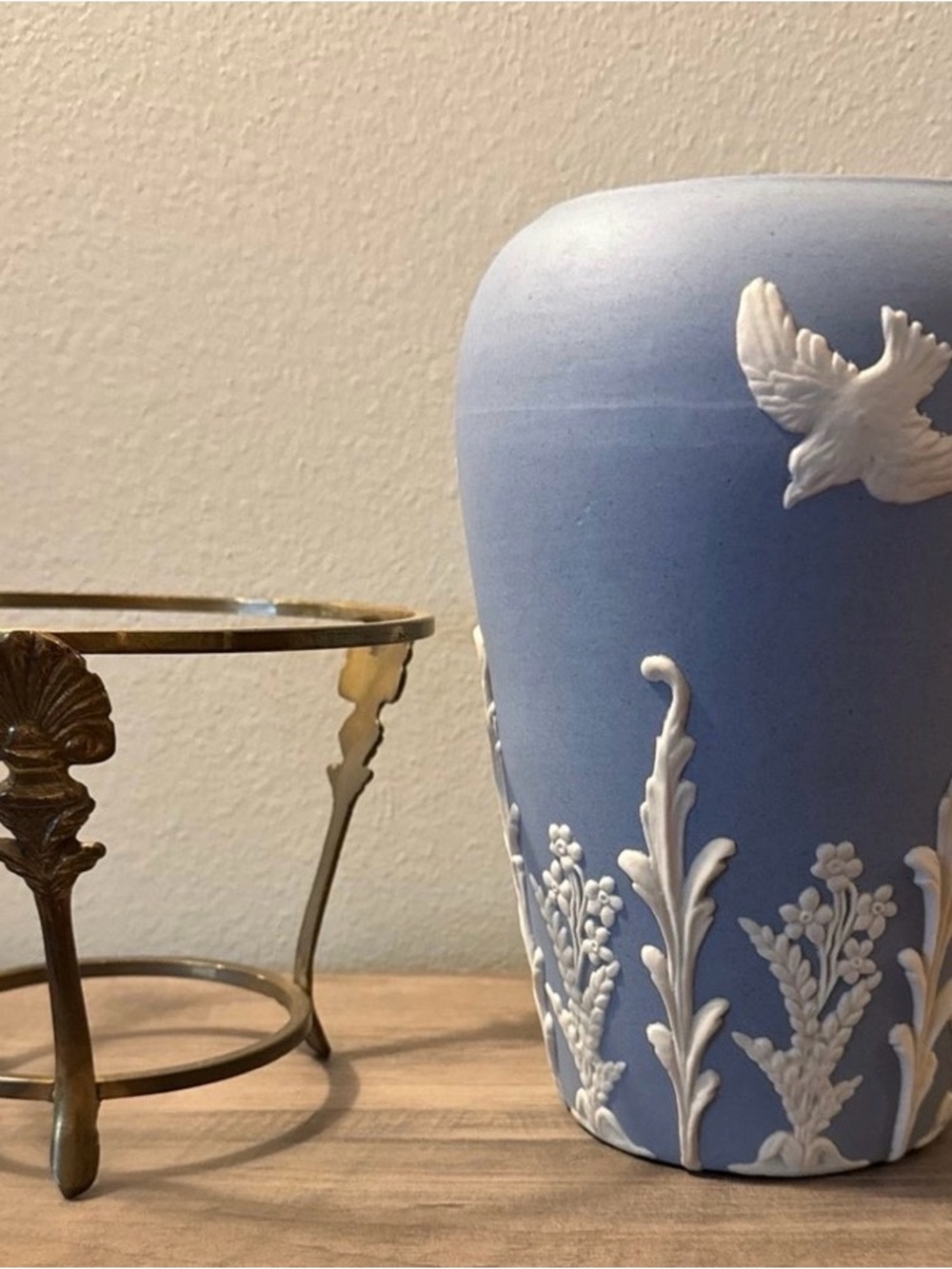 Blue Jasperware Style Vase with White Relief marked ECanada Pottery